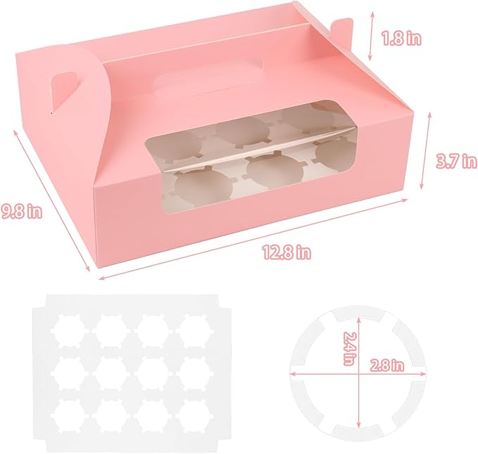 30 Pcs Cupcake Boxes, 12 Count Muffin Boxes with Handle, Window, and Inserts, Pink Cupcake Holders Bakery Carrier Boxes for Cookies Treats Dessert