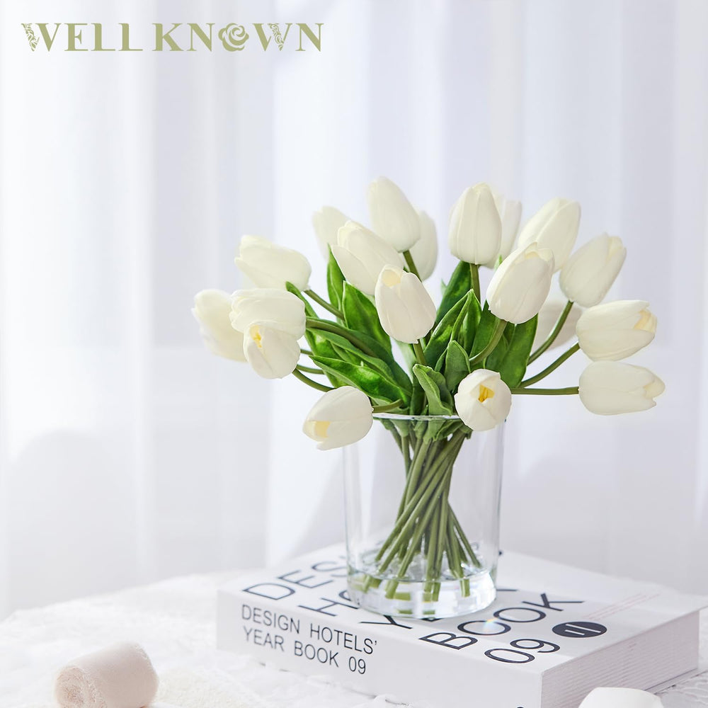 WELL KNOWN 20 Pcs White Tulips Artificial Flowers in Vase with Fake Water