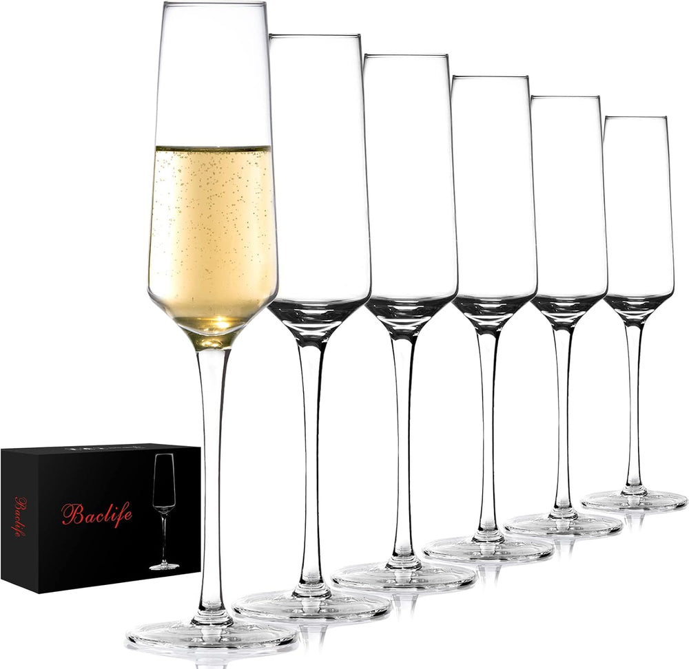BACLIFE Champagne Flutes,Hand Blown Crystal Champagne Glasses Set 6, 7.5oz