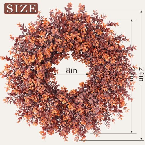 24" Artificial Fall Boxwood Wreath for Front Door Decoration (Deep Orange)
