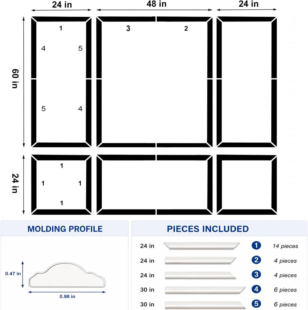 3 Set Peel and Stick Wall Molding Kit,Pre Cut Wainscoting Panels,24x60in