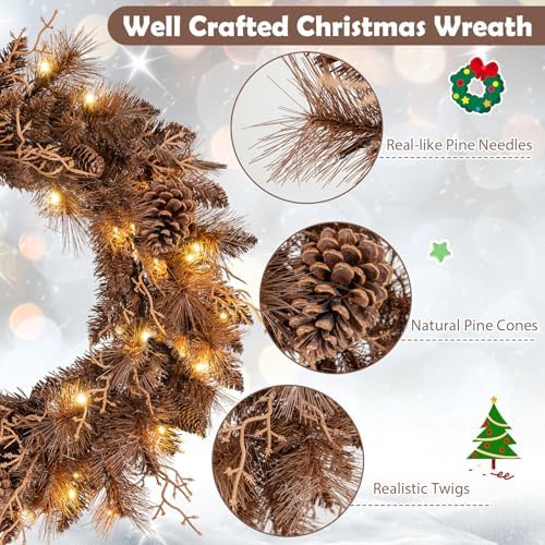 Goplus 24 Inch Pre-Lit Christmas Wreath, Battery Operated Lighted Artificial Winter Xmas Wreaths for Front Door with 105 Branch Tips, 35 Warm White LED Lights, Pine Cones, Windows Wall Mantel Decor