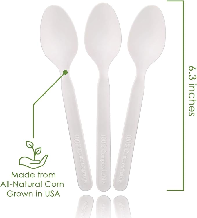 Ecovita 100% Compostable Spoons - 140 Large Disposable Utensils (6.3 in.) Eco Friendly Durable and Heat Resistant Alternative to Plastic Spoons with Convenient Tray