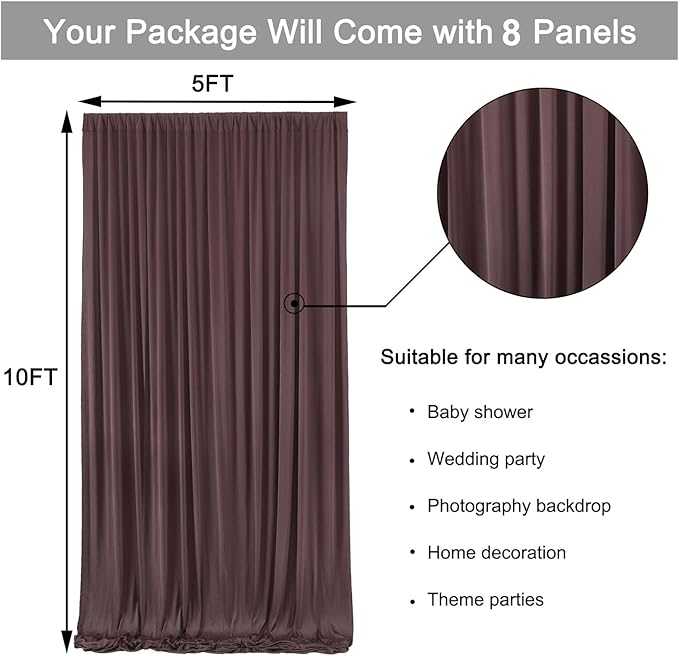 40 ft x 10 ft Wrinkle Free Brown Backdrop Curtain for Parties, Wedding Brown Photo Backdrop Drapes, Fabric 8 Panels 5ft x 10ft for Baby Shower Photoshoot Engagement Birthday Photography Background
