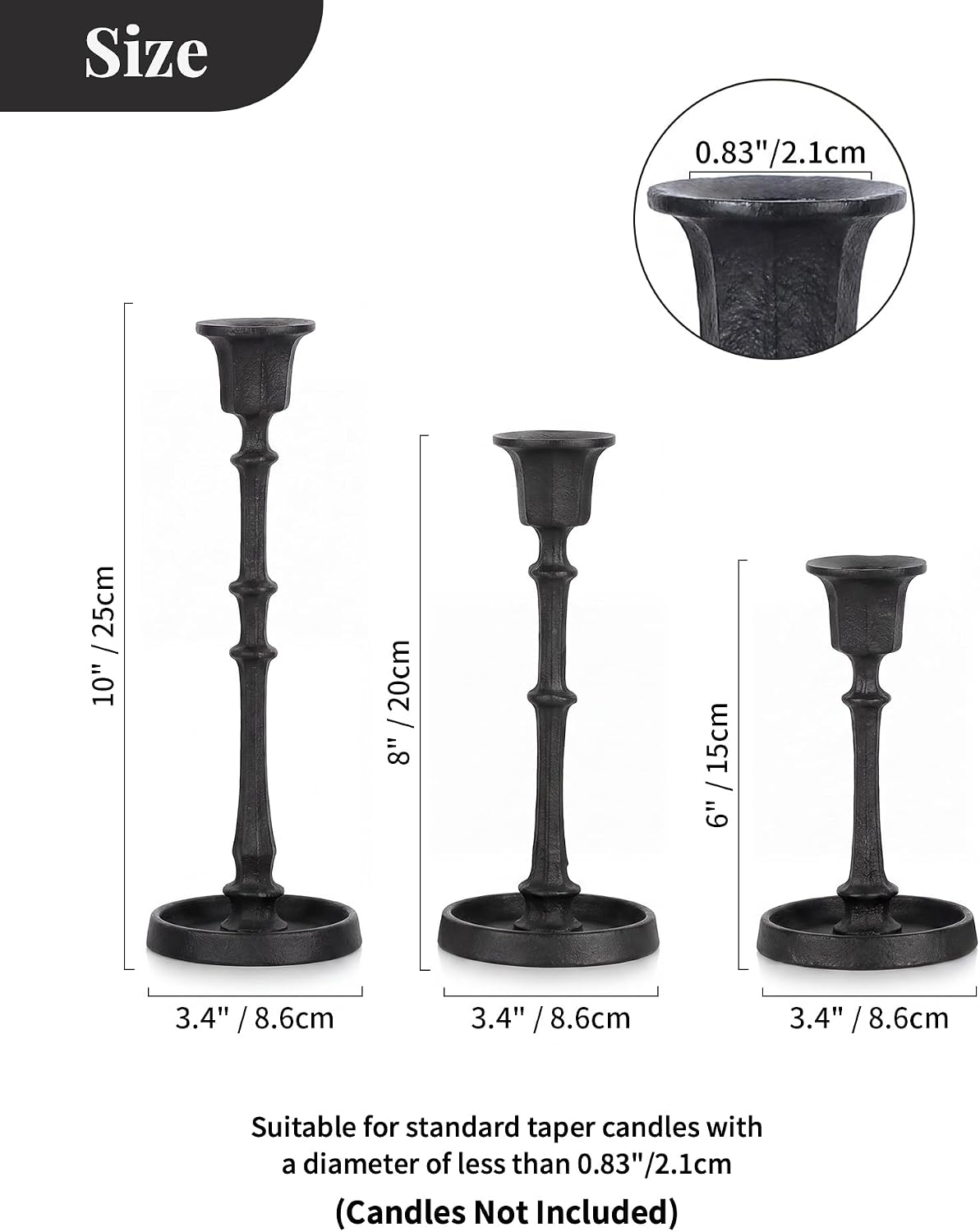 NUPTIO Black Taper Candle Holders: Set of 3 Vintage Cast Iron Candlesticks