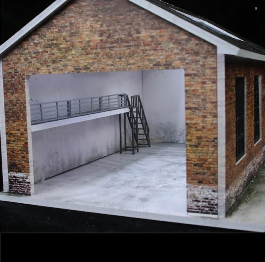 1/64 Diorama Old Factory Garage Model, LED Lighting Workshop Parking Lot Scene Display Case, Diecast Model Cars Parking Lot Building, American Diorama (Dilapidated Factory)
