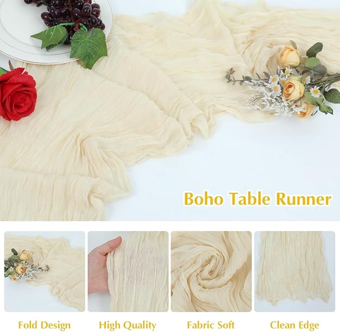 10 Pack Beige Cheesecloth Table Runner -21*120Inch Long Boho Wedding Table Decor, Rustic Gauze Fabric Runner for Bridal Showers, Baby Showers & Parties (Sheer, Lightweight, Wrinkled Design)