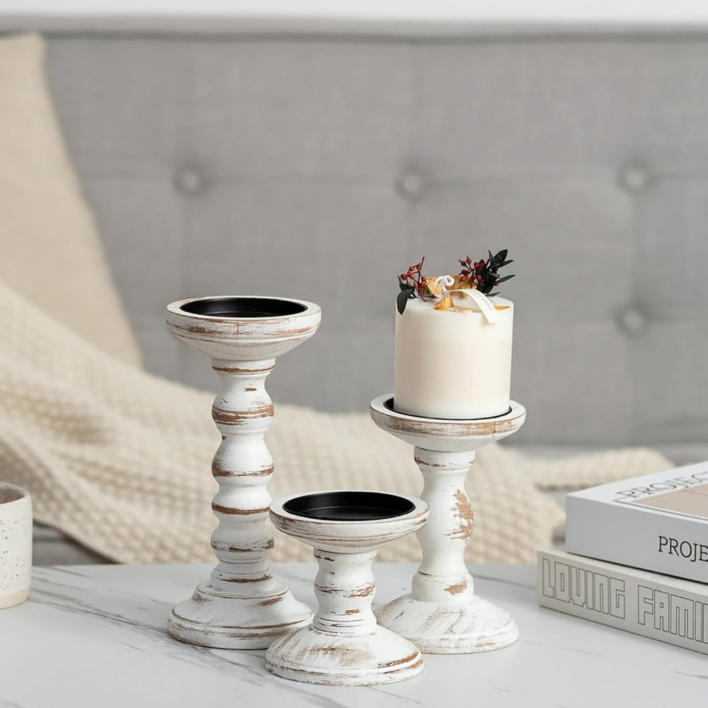 Wood Candle Holder for Pillar, White Farmhouse Fireplace Decor