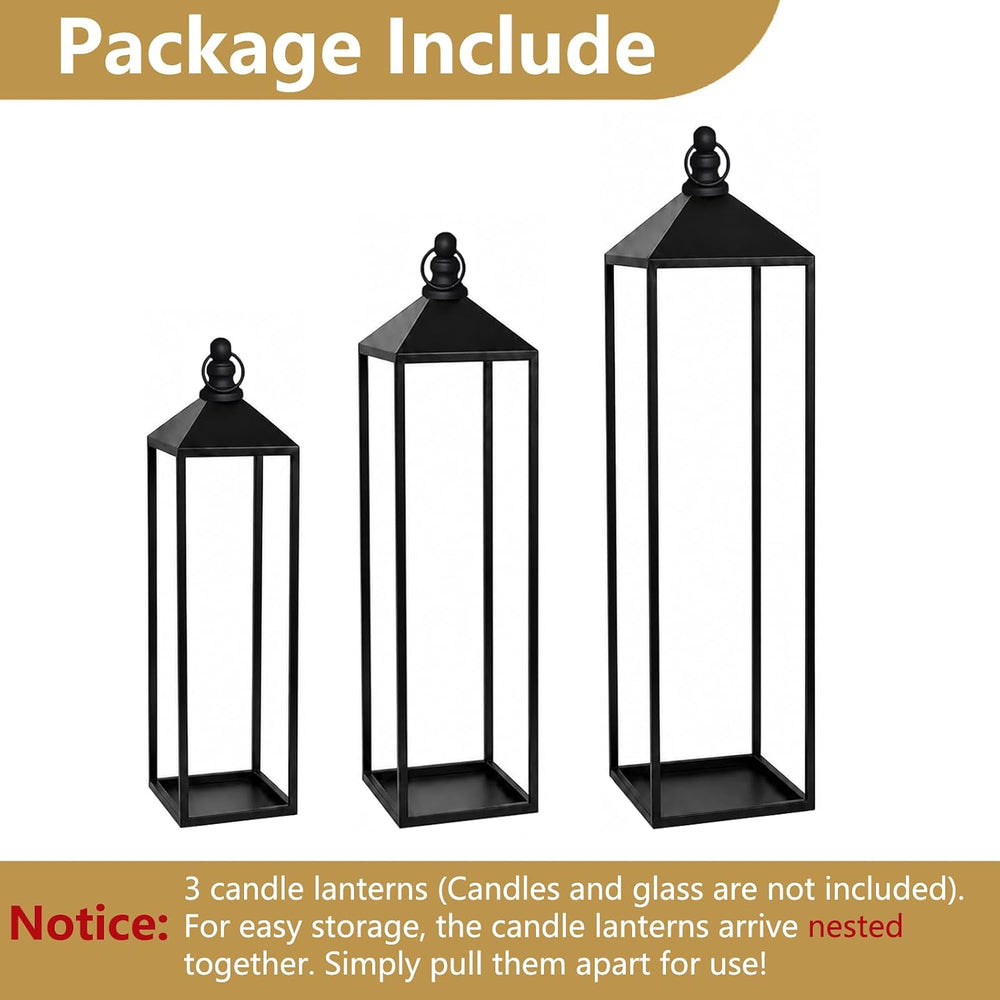 Black Floor Lanterns for Outdoor Indoor, Tall Metal Candle Lantern Set of 3