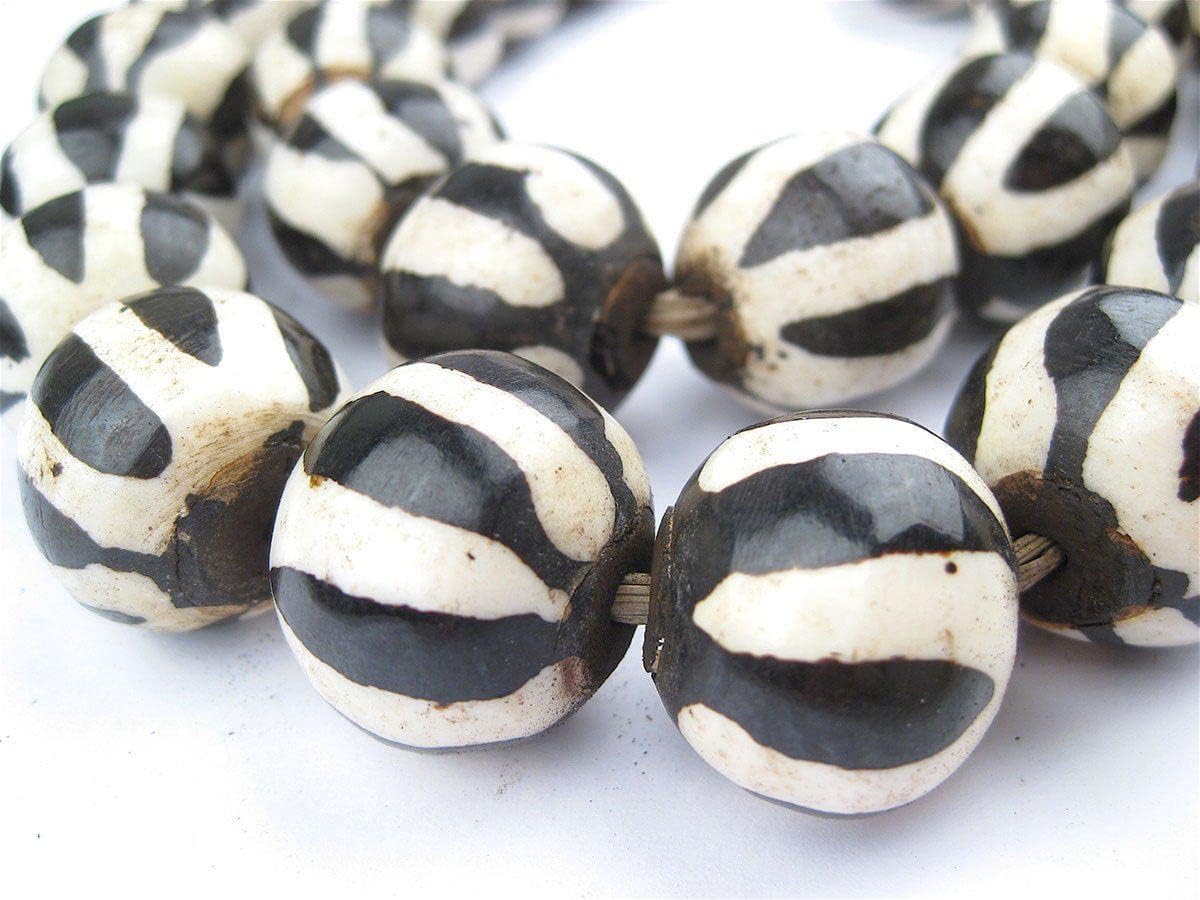 The Bead Chest Batik Bone Beads - Full Strand of Fair Trade African Beads (Sphere, Zebra Design)