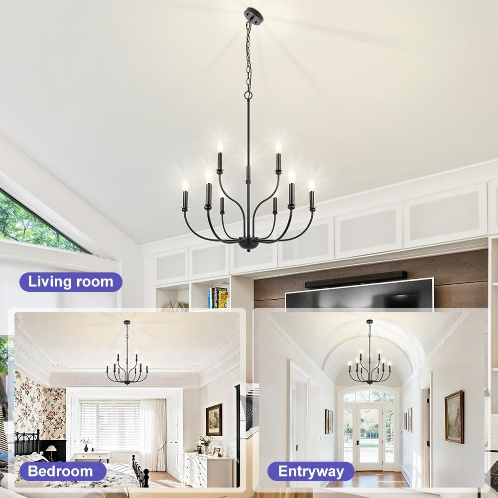 Black Chandelier Candle Style, 9-Light Farmhouse Chandelier 27’’