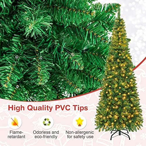 Goplus 7.5ft Prelit Pencil Christmas Tree, Premium Hinged Fir Tree, with Warm White LED Lights and Solid Metal Stand, Easy Assemble, Ideal Artificial Xmas Tree for Home and Office
