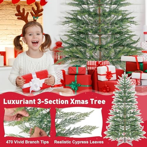 GOFLAME 6.5FT Pre-Lit Christmas Tree with Faux Cypress Leaves, Hinged Artificial Xmas Tree with 470 PE Branch Tips & 430 Warm White LED Lights, Holiday Decoration Tree with Auto Timer