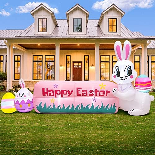 8FT Easter Inflatables Bunny Outdoor Decoration with Happy Easter Banner, Built in LED Lights Blow Up Yard Decoration for Lawn Garden Holiday Party