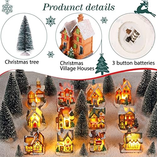 Kajaia 24 Pcs Christmas Houses Village and Mini Trees LED Lights Town Set