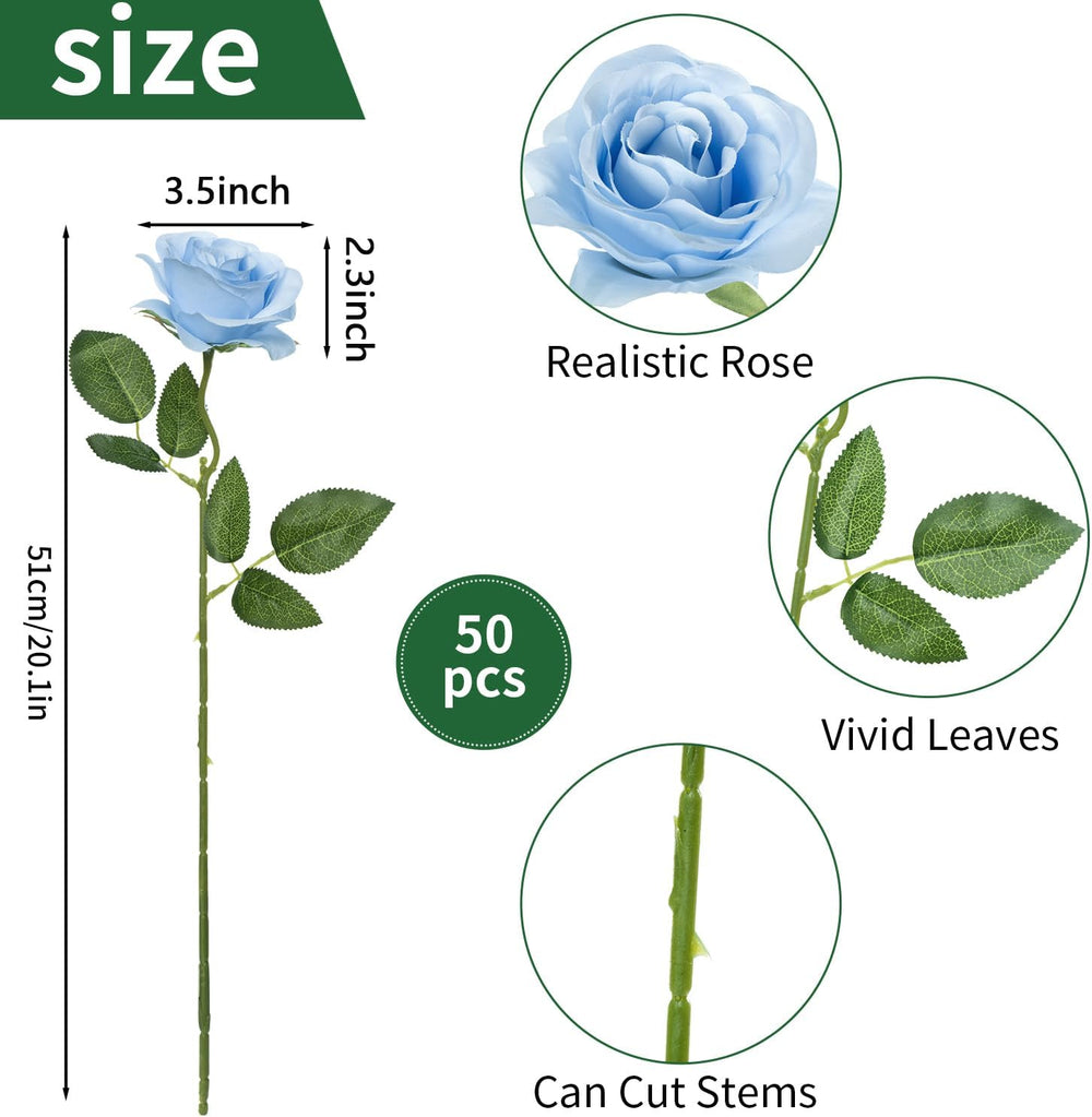 50pcs Artificial Silk Roses Flowers in Bulk,Blue