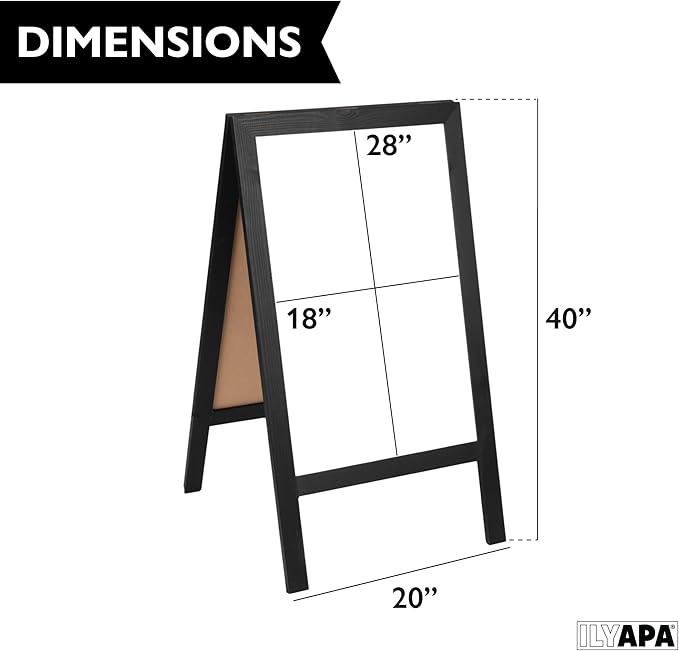 Ilyapa Wooden A-Frame Whiteboard Sign - 40 x 20 inch Magnetic Dry Erase Sidewalk Menu Board - Black Menu Display for Restaurant, Business, Trade Show