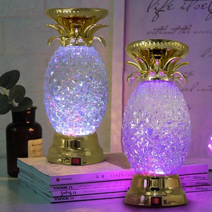 YAKii 9.5" Pineapple LED Color Changing Shine Lamp,Swirling Water Waves Lamp Kid Safe Battery/USB Cable Operated,Table Lamp Candle Holder Table Decoration Gold(Pack of 2)