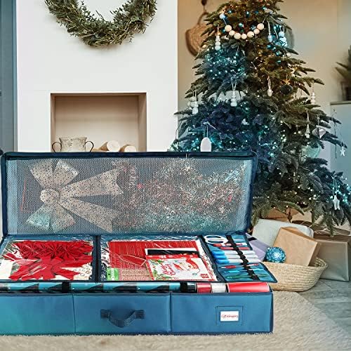 Hearth & Harbor Wrapping Paper Storage Container - Christmas Storage Bag with Ribbon Dispenser and Interior Pockets - Gift Wrap Organizer Fits Up to 26 Rolls of 40" Length, Blue