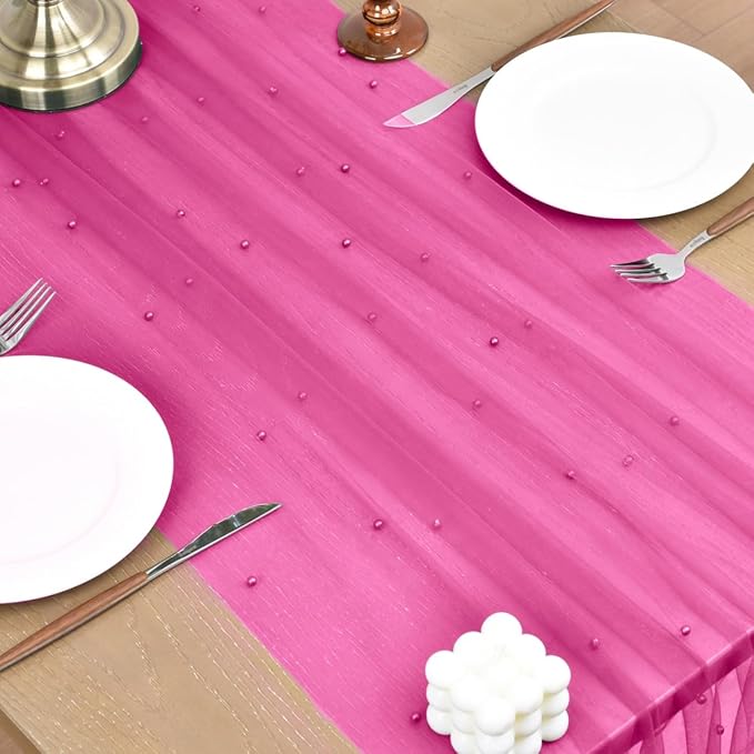 Joanlody Fall Fuschia Pearl Table Runner 10ft Rustic Boho Tulle Table Runner with Pearls for Baby Shower Wedding Party Veil Dessert Thanksgiving Table Decor Hot Pink 4pcs