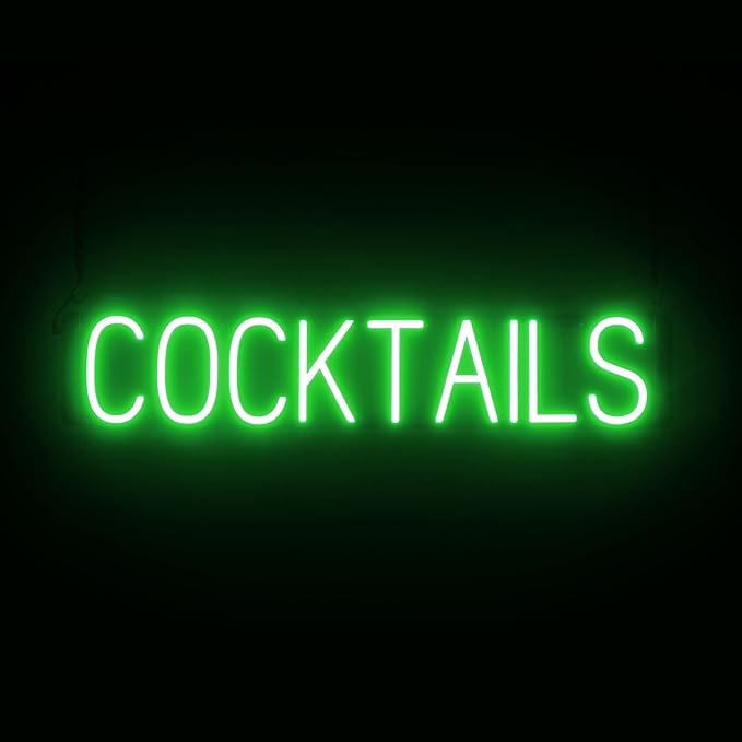 SpellBrite COCKTAILS Sign | Beer-Related Sign with Neon Look, Green LED Light Source | 33.1" x 6.3"
