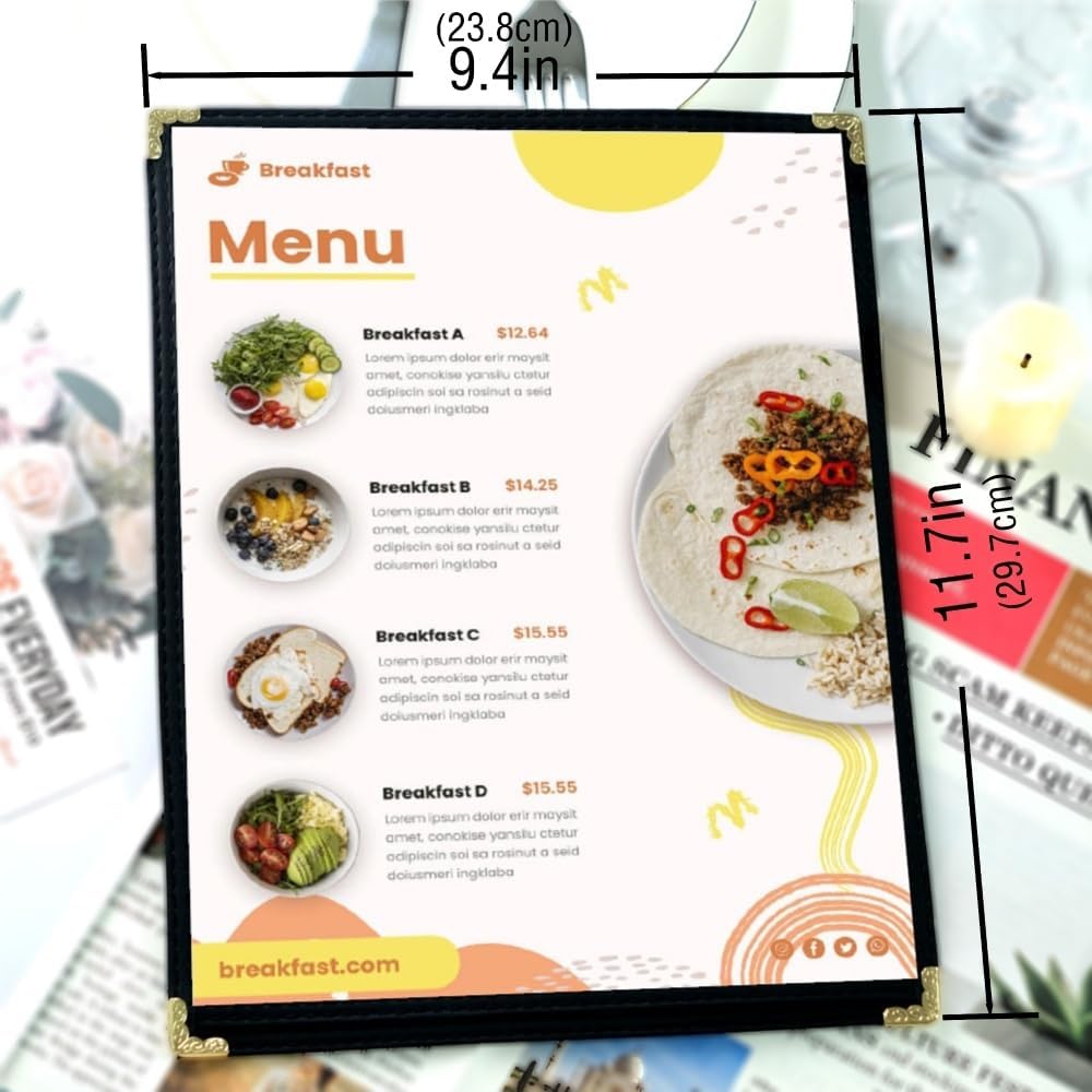 Goodsmart Pajco Style Restaurant Menu Covers – Pack of 10, Side-Loading Menu Holders, Single Stitched Edge, Clear Vinyl Menu Sleeves, Leatherette Trim, Gold Corners, Black, 1 View (8.5" x 11")