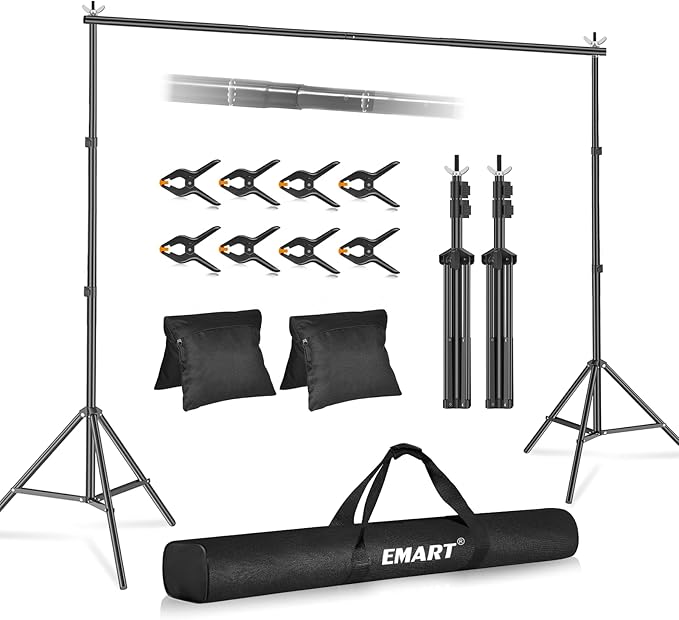 EMART Backdrop Stand 10x8.5ft(WxH) Photo Studio Adjustable Background Stand Support Kit with 2 Crossbars, 8 Backdrop Clamps, 2 Sandbags and Carrying Bag for Parties Events Decoration