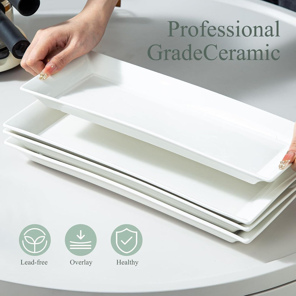 14" Rectangular Platters Set of 4, White Ceramic Platters, Large Serving...
