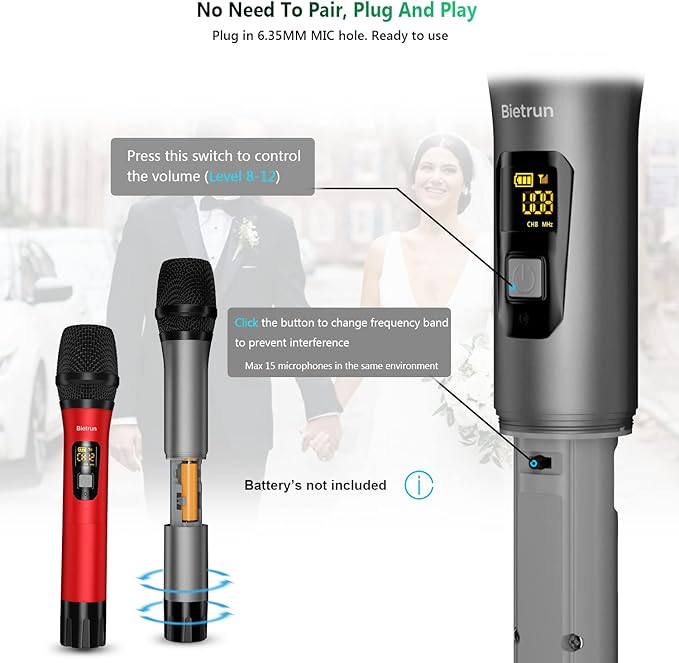 Bietrun Wireless Microphone, Professional UHF Metal Dual Handheld Cordless Dynamic Mic System Set with Rechargeable Receiver, 1/4‘’Output, Plug and Play, Instrument-Wireless-Mics for Karaoke, Wedding