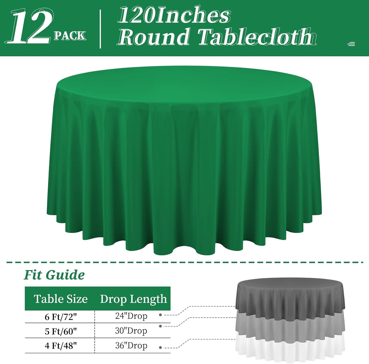 12 Packs 120 Inch Green Round Polyester Tablecloths