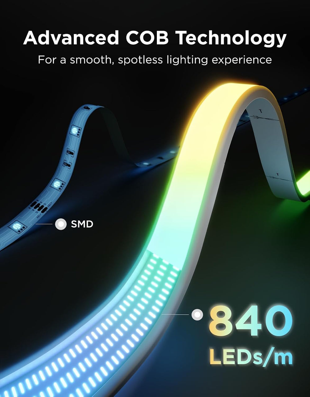 Govee COB LED Strip Lights 2, RGBIC, 840 LEDs/m, 1000K-10000K, 32.8ft