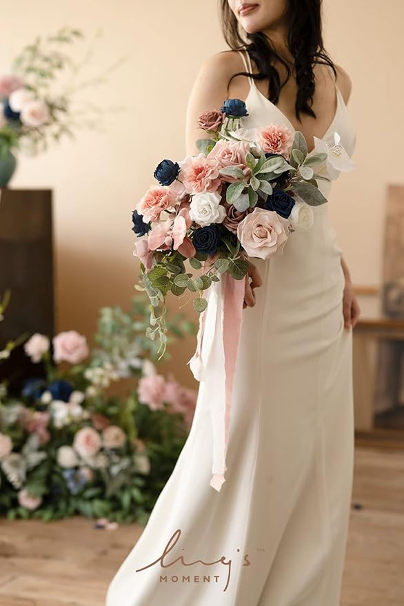 Ling's moment Dusty Rose Navy Blue Bridal Bouquet Cascading, Pink and Blue Wedding Bouquets for Bride, 15 Inch Silk Artificial Wedding Flower Bouquet
