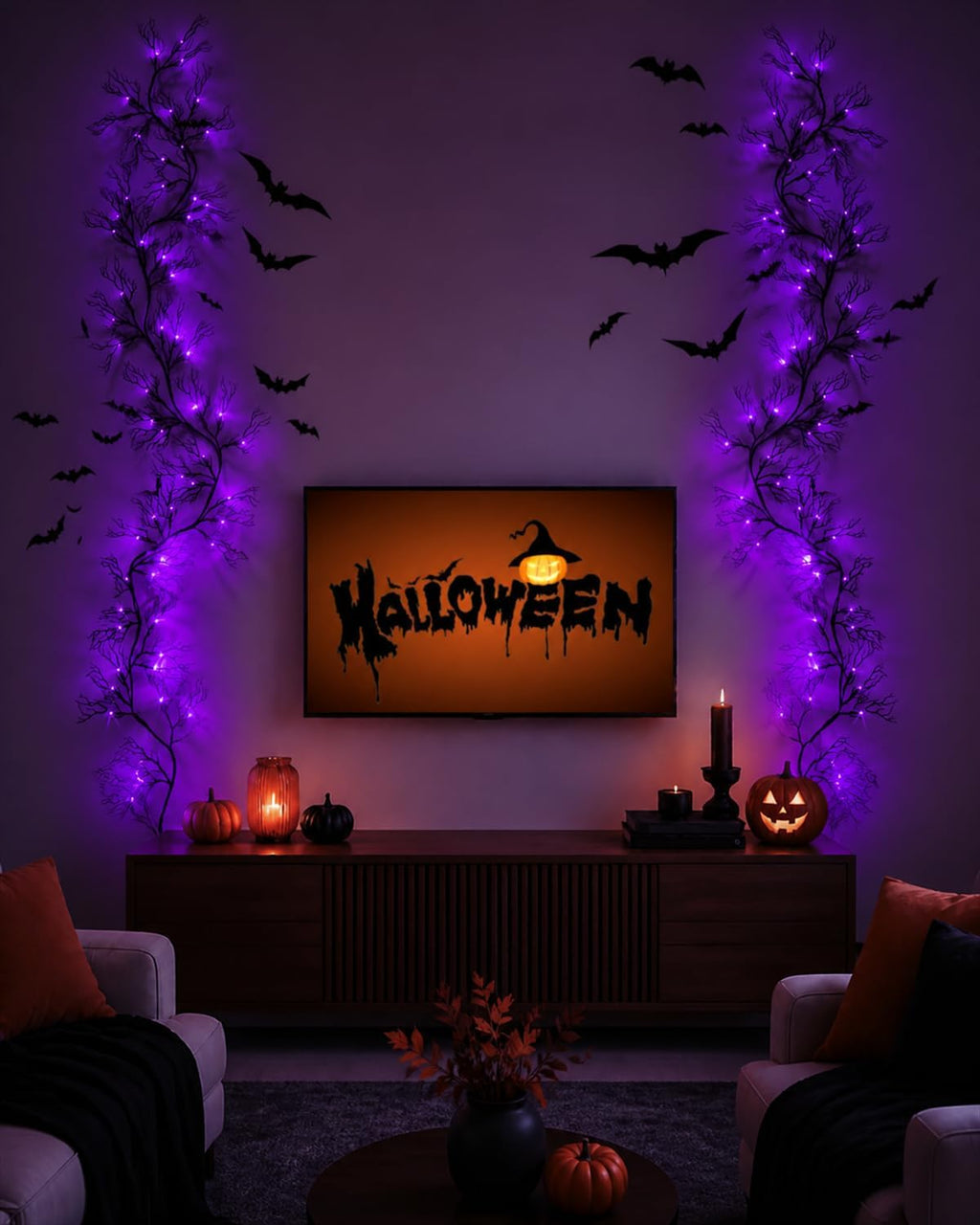 9 FT Halloween Twig Garland Decoration with 45 Purple LED Lights