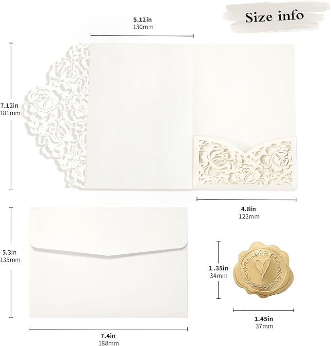 DORIS HOME 50pcs Laser Cut Wedding Invitation Pockets with Envelopes Ivory White, 5.12" x 7.12"Invitation Cards for Wedding, Anniversary (No Inserts Included)