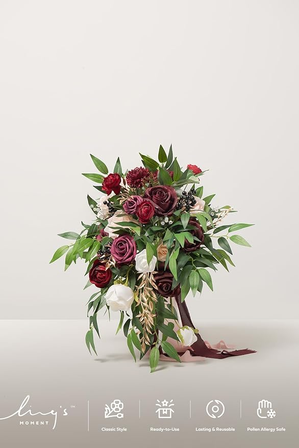 Ling's moment Burgundy Bridal Bouquet Cascading, Marsala Wedding Bouquets for Bride, 13 Inch Bride Bouquets for Wedding Artificial Flowers Bouquets