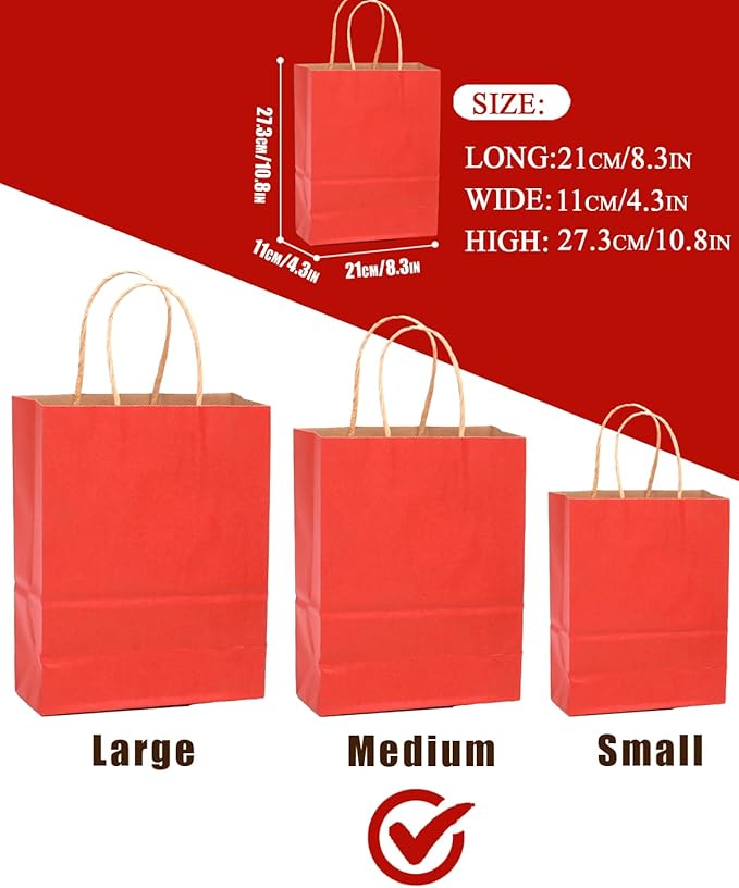 qiqee 50-Packs Kraft Red Paper Gift Bags with Handles Bulk 11"x8.3"x4.3" Medium Size Paper Bags Multiple Uses