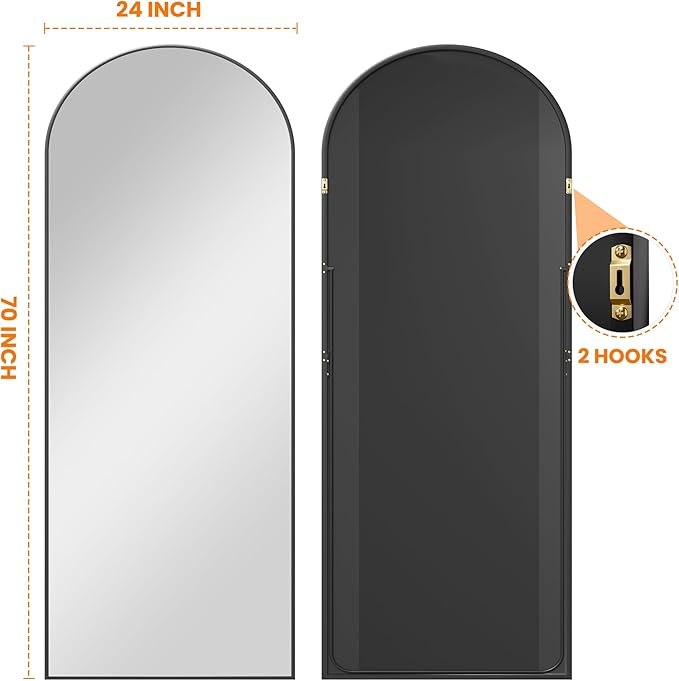 Full Length Arched Mirror, 70"x24" Standing Floor Full Body Mirror for Wall with Aluminum Alloy Frame for Bedroom, Living Room, Dressing Room(Black)