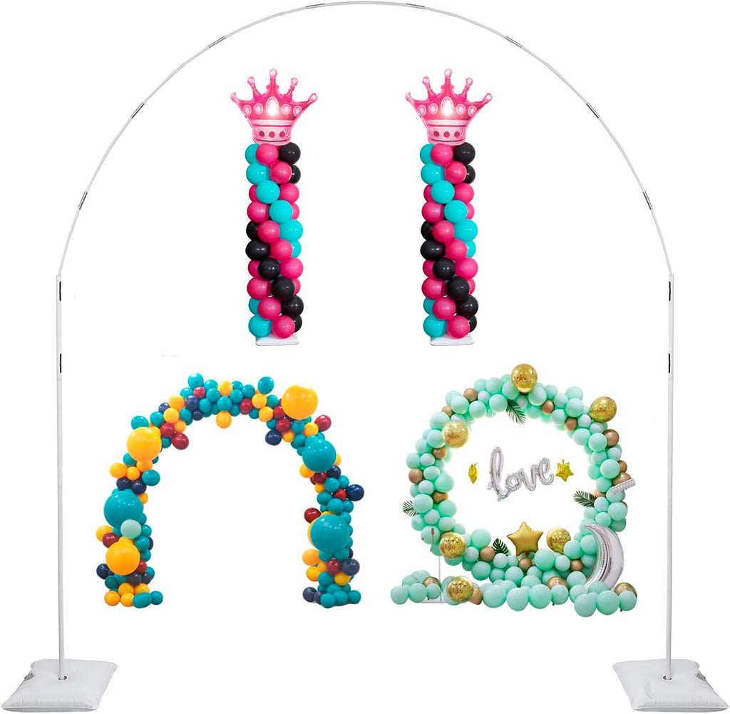 Decojoy Balloon Arch Stand, 7.5ft Large Round Backdrop Frame, Adjustable Half Circle Arch, 2 set Reusable Metal Ballon Column Kit with Base 3IN1 for Birthday, Wedding, Graduation, Shower Party