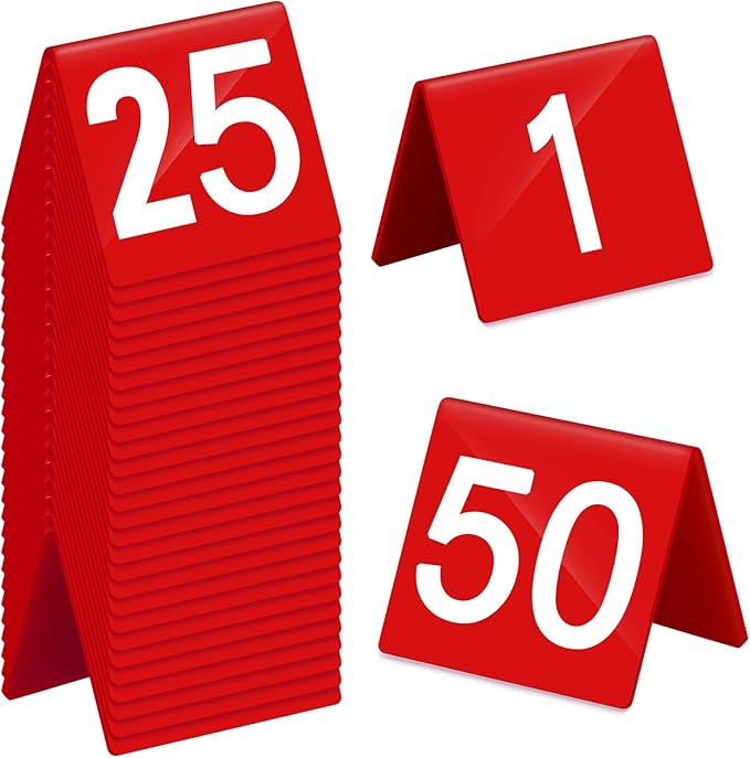 Tuanse Table Numbers 1-50 Acrylic Double Side Numbered Table Tents Restaurant Wedding Number Cards Signs for Banquets Party Wedding Reception(Red)