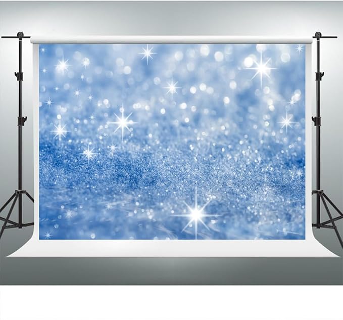 YongFoto Silver Blue Glitter Backdrop 12x8ft Silver Light Spots Blue Sequin Bokeh Photography Background Birthday Bridal Shower Wedding Photography Background Party Banner Portraits Photoshoot Props