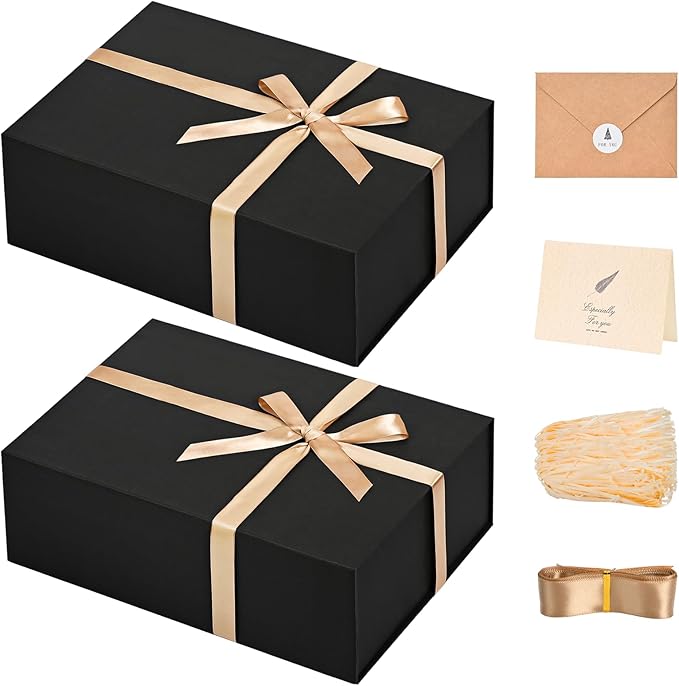 LIFELUM Magnetic Gift Boxes 2 Pack 13.5 x 10 x 4 Elegant Graduation Gift Boxes for Presents Groomsmen Box with Ribbon, Card, Shredded Paper Filler