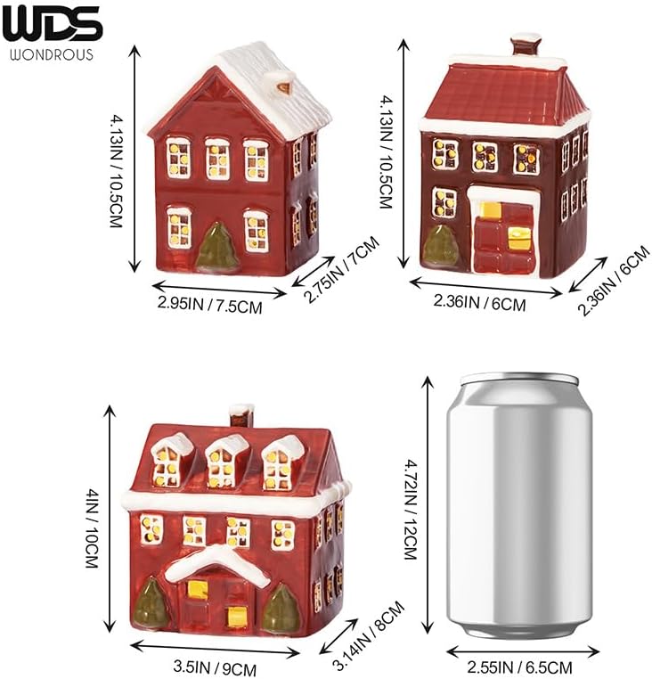 WDS WONDROUS Ceramic Christmas Village Houses Red, Sets of 3 Lighted Houses