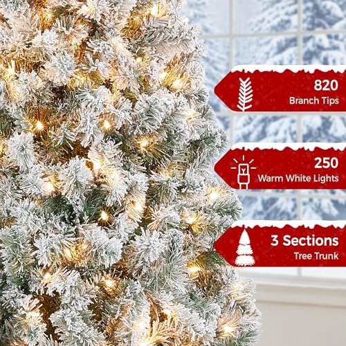 Yaheetech 6ft Pre-Lit Snow Flocked Artificial Christmas Tree, 250 Lights