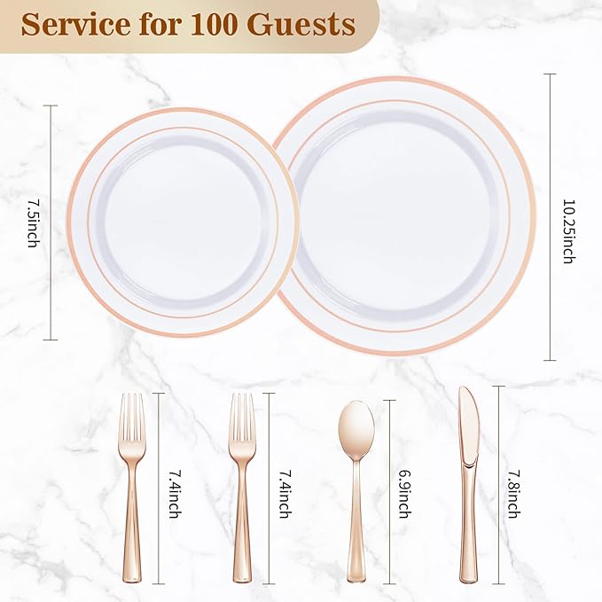 600PCS Rose Gold Plastic Plate Set (100 Guests), Plastic Plates for Party Wedding Birthday, Disposable Dinnerware Set of 200 Plates, 200 Forks, 100 Spoons, 100 Knives for Christmas