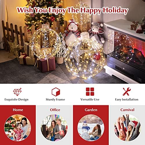 Tangkula 3 Pack Christmas LED Lighted Balls, Metal Twinkling Ornaments