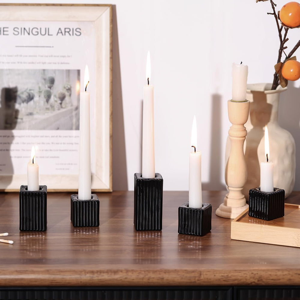 LETINE 12pcs Black Vertical Stripe Glass Candlestick Holders - Chic Taper Can...