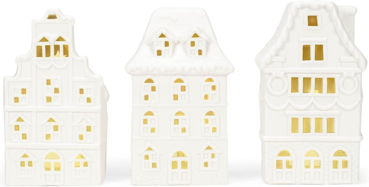 Mark Feldstein Row House Porcelain Tea Light Figurines, Set of 3, 8x4.5 in