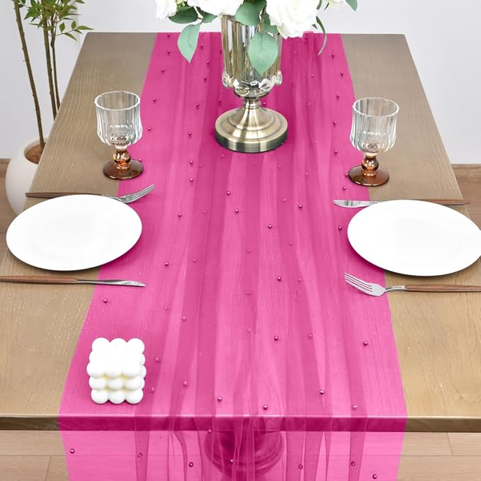 Joanlody Fall Fuschia Pearl Table Runner 10ft Rustic Boho Tulle Table Runner with Pearls for Baby Shower Wedding Party Veil Dessert Thanksgiving Table Decor Hot Pink 4pcs