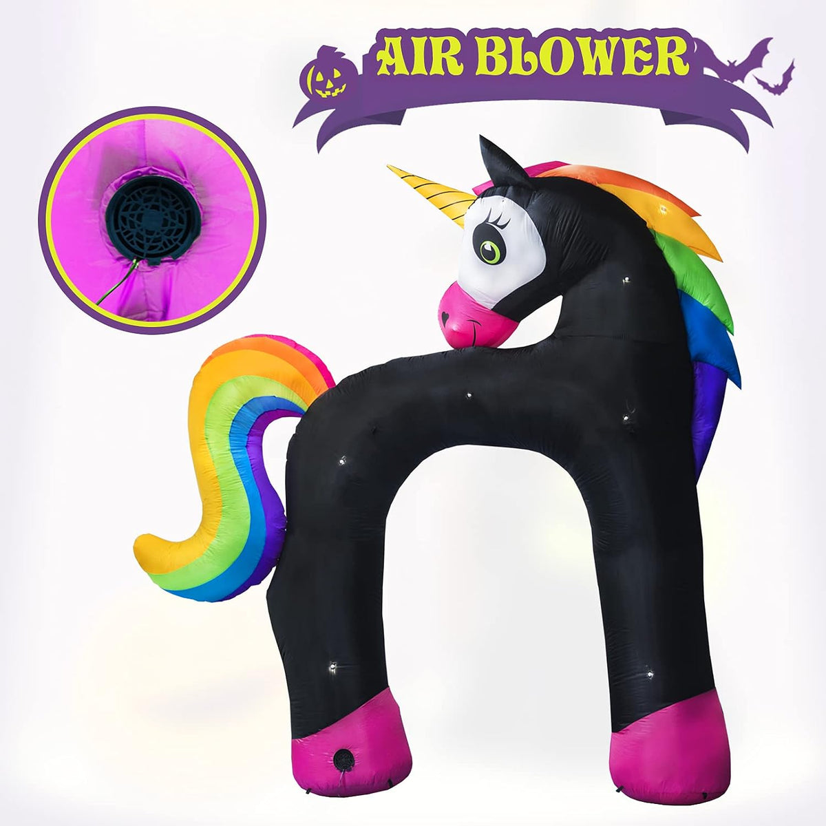 11ft giant halloween inflatables arch, rainbow skeleton unicorn showing dimensions