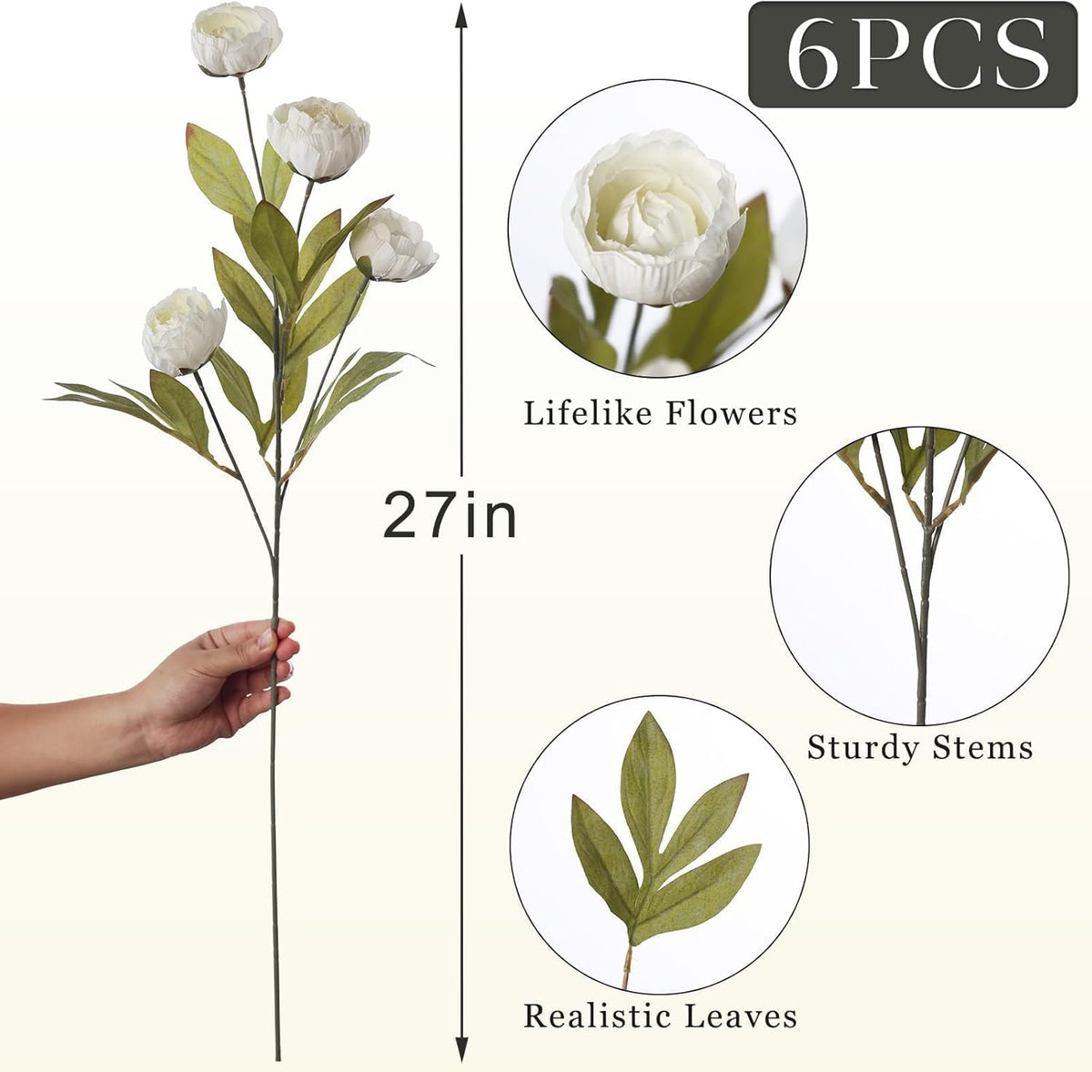 VIERENA 6 Pcs Faux Silk Peony Artificial Flowers for Vase -27", Bulk Fake Peonies Branches with Stems for DIY Bouquet Centerpieces Wedding Fillers Arrangements Shower Decorations (Cream)